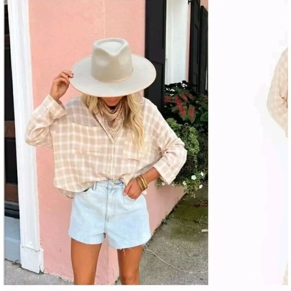 Show Me Your Mumu Jessicas Button Down Top Women's Size XS Taupe White Plaid